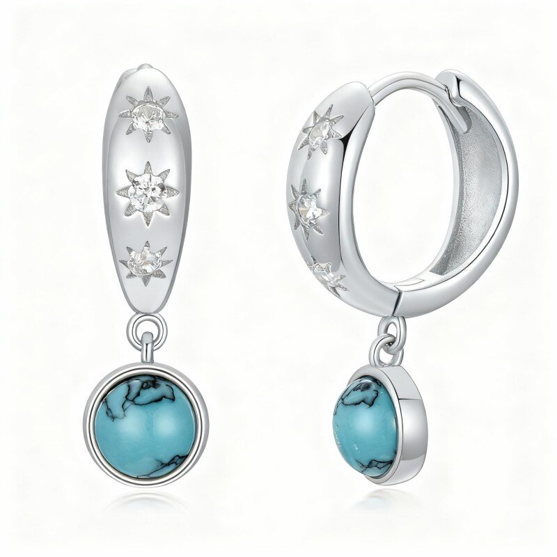 Boucles d'oreilles pendantes rondes en or blanc 10 carats, zircon cubique et turquoise-2