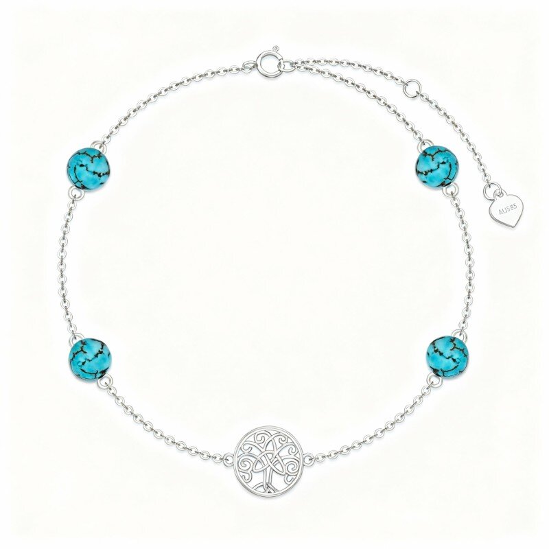 10K White Gold Turquoise Tree Of Life Charm Bracelet-11