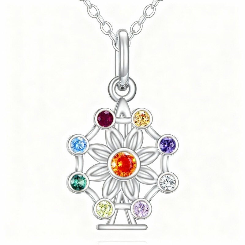 Colar com pendente de flores silvestres e chakras em ouro branco 10K com zircónias cúbicas-8