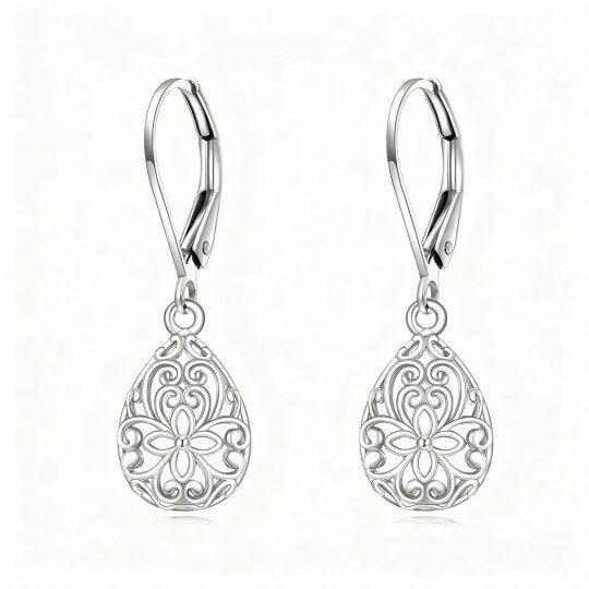 Pendientes de oro blanco de 10 quilates con forma de flor silvestre y gota, cierre de palanca