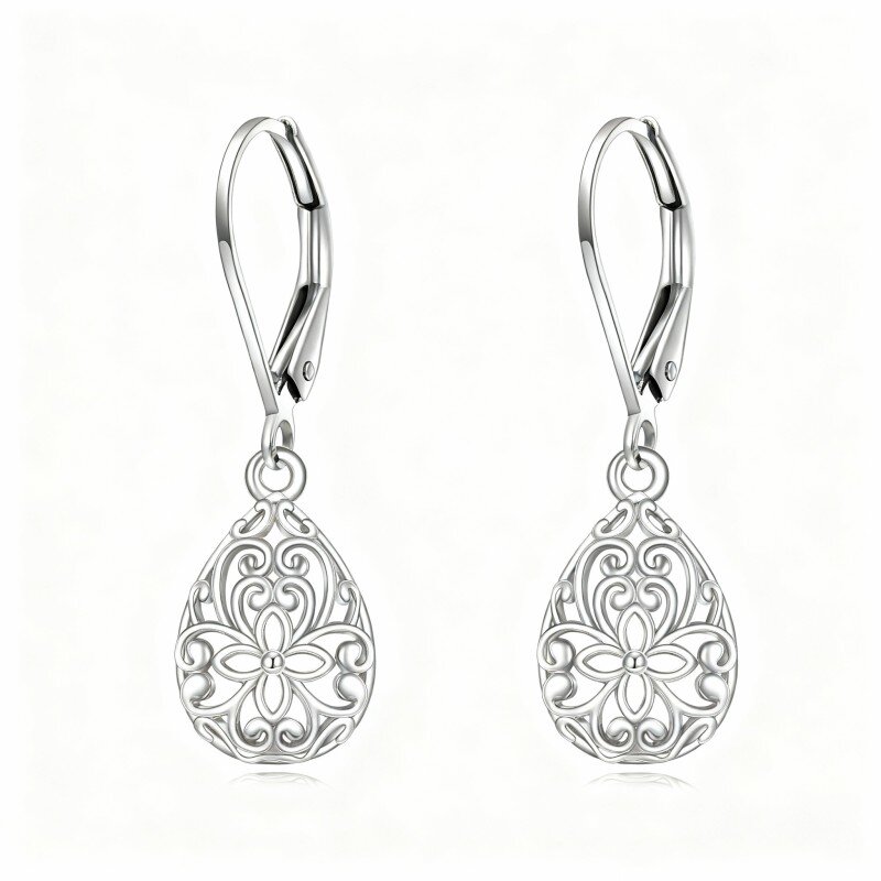 10K White Gold Wildflowers & Drop Shape Lever-back Earrings-18