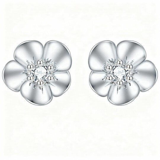 10Kホワイトゴールド キュービックジルコニア ワイルドフラワー スタッドピアス