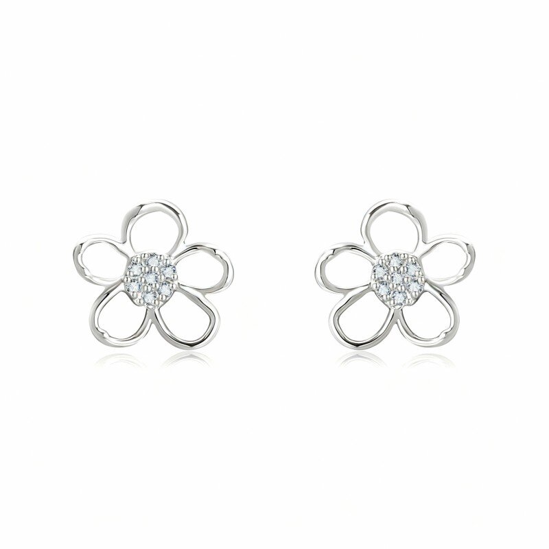 10K White Gold Cubic Zirconia Wildflowers Stud Earrings-1