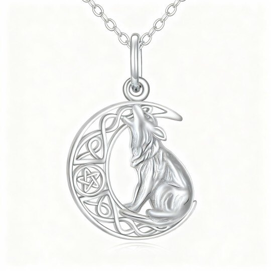10Kホワイトゴールド ウルフ＆ケルトノット＆ムーンペンダントネックレス