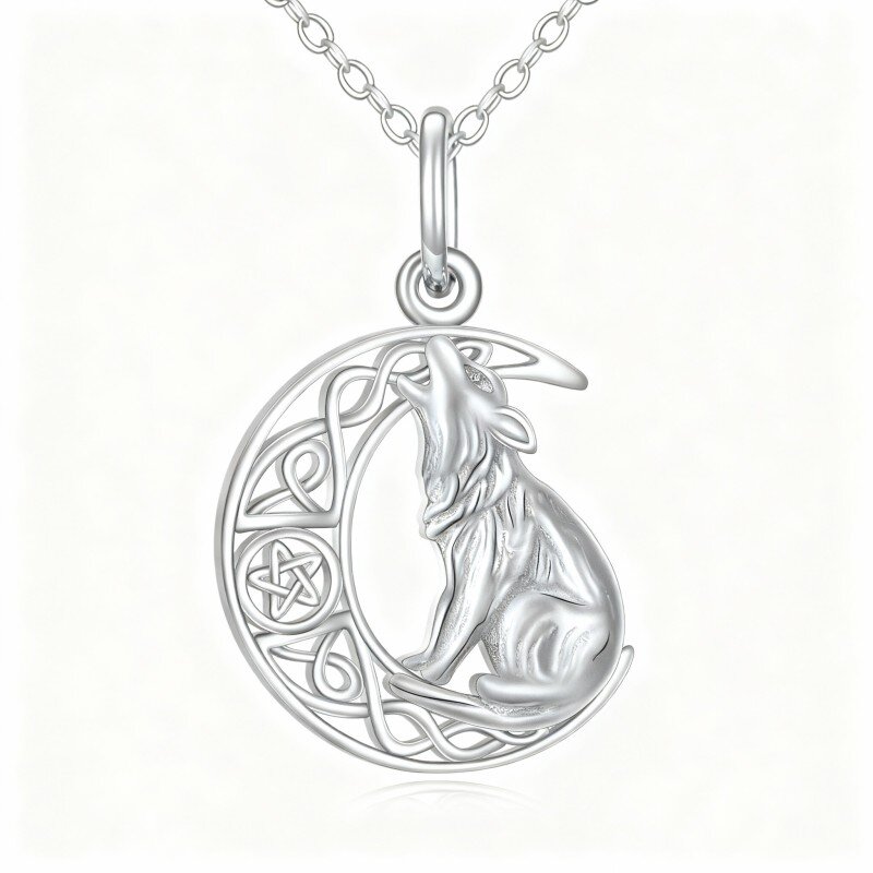 Colar com pendente de lobo, nó celta e lua em ouro branco 10K-13