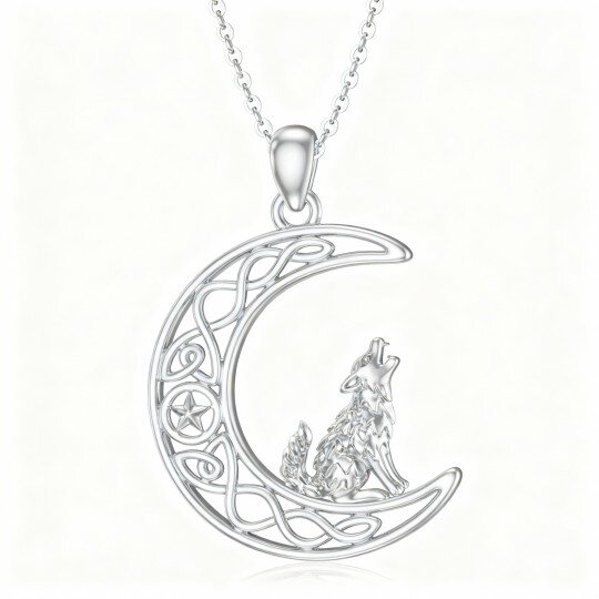 Collar con colgante de lobo, nudo celta, luna y estrella en oro blanco de 10 quilates