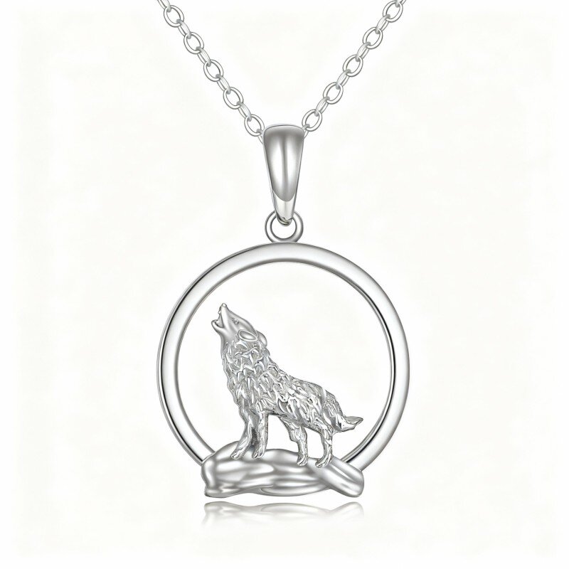 10K White Gold Wolf Pendant Necklace-14