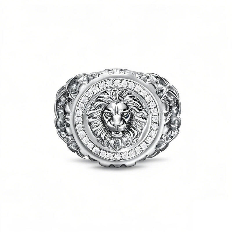 10-karätiger Weißgold-Siegelring mit rundem Diamanten (0,25 ct. Gesamtgewicht) in Löwenform für Herren, Farbe I3, Reinheit 3EX-6