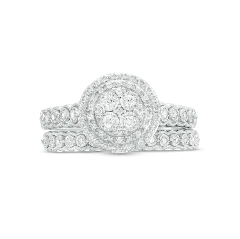 Anillo de compromiso vintage de oro blanco de 14 quilates con diamantes redondos de laboratorio de 0,25 quilates en total, engastado en doble montura y con un elegante diseño de vieira.-4