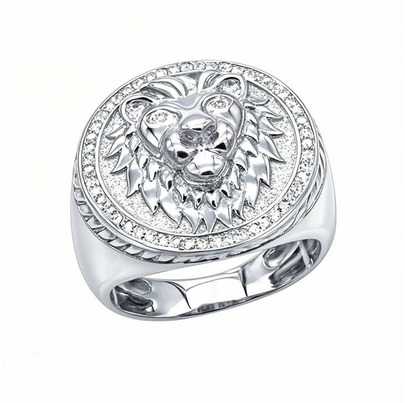Herren-Siegelring aus Platin mit rundem Diamanten im Löwen-Design (0,3 ct.T.W.)-1