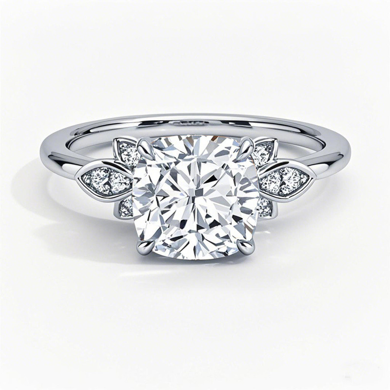 Platinum with White Gold Plated Cushion Cut Lab-Grown Diamond Custom Sidestone Engagement Ring-1