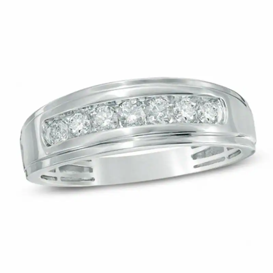 Anillo de boda para hombre en oro blanco de 10 quilates con diamante redondo creado en laboratorio de 0,5 quilates en total, color D, claridad VVS1, pureza 3EX.