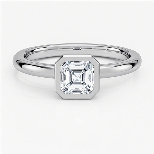 Verlobungsring aus 10-karätigem Weißgold mit einem 0,5 bis 3 Karat Asscher-geschliffenen, im Labor hergestellten Diamanten in einer Lünette. Reinheit: D, VVS/VS, IGI-zertifiziert.