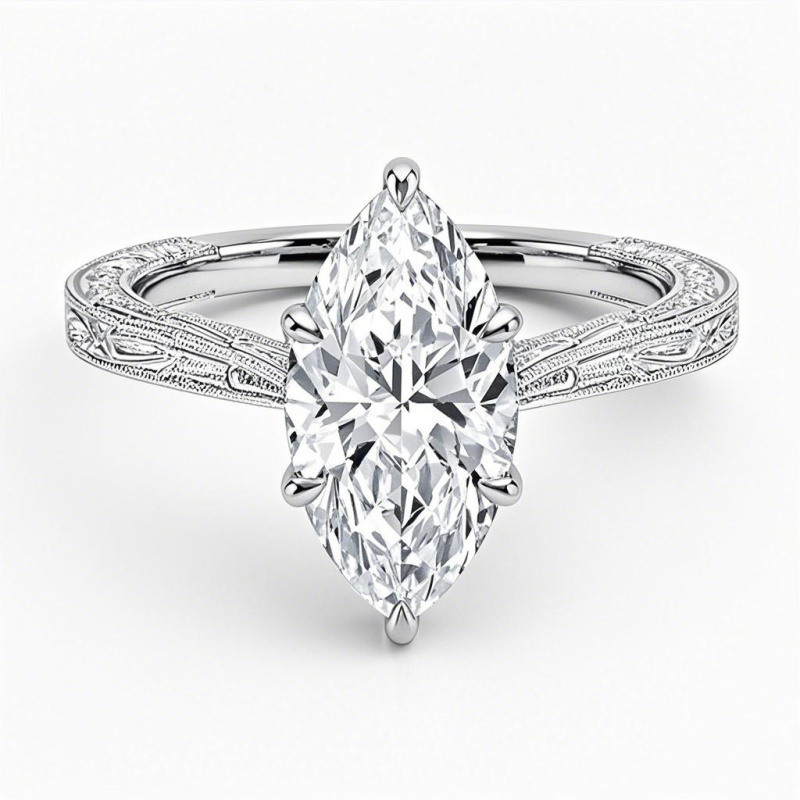 14K White Gold 0.5 to 3 CT Marquise Cut Lab Created Diamond Engraved Engagement Band-1
