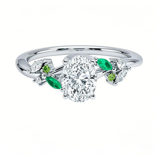 10K White Gold 0.5 to 3 CT Oval Lab Created Diamond & 0.1 CT Emerald Arden Custom Engagement Band IGI Certified