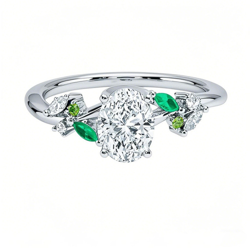 Anillo de compromiso personalizado Arden de oro blanco de 10 quilates con diamante ovalado creado en laboratorio de 0,5 a 3 quilates y esmeralda de 0,1 quilates. Certificado por IGI.-11