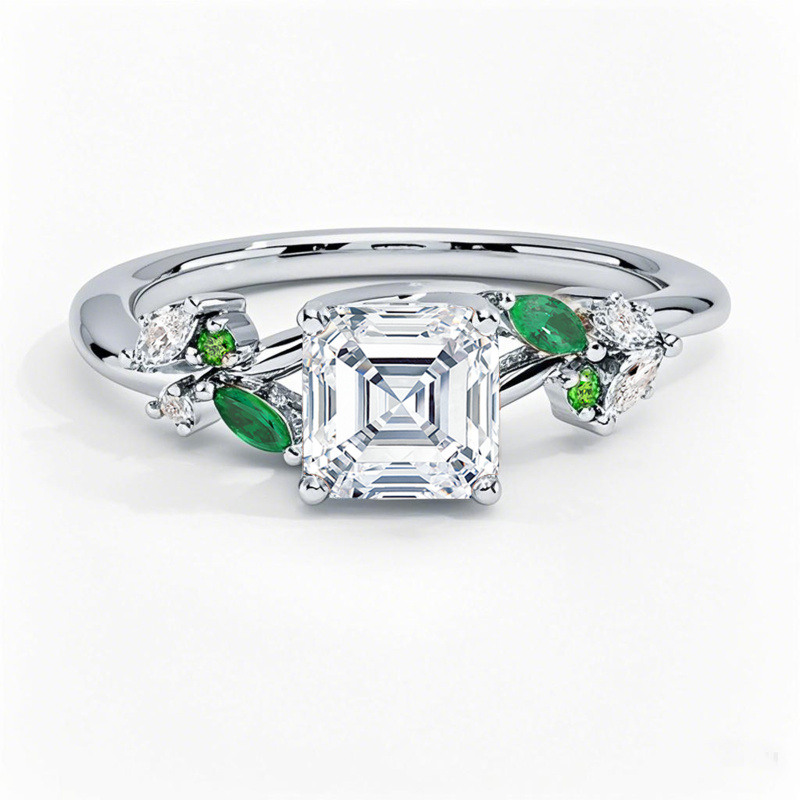 Platin-Verlobungsring mit Weißgold-Plattierung und im Labor gezüchtetem Asscher-Diamanten, individuell gestaltet und von der Natur inspiriert-1