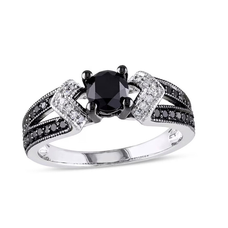 Verlobungsring aus 14-karätigem Weißgold mit runden schwarzen und weißen Diamanten im Brillantschliff und geteilter Ringschiene (0,75 bis 3,25 Karat Gesamtgewicht).-1