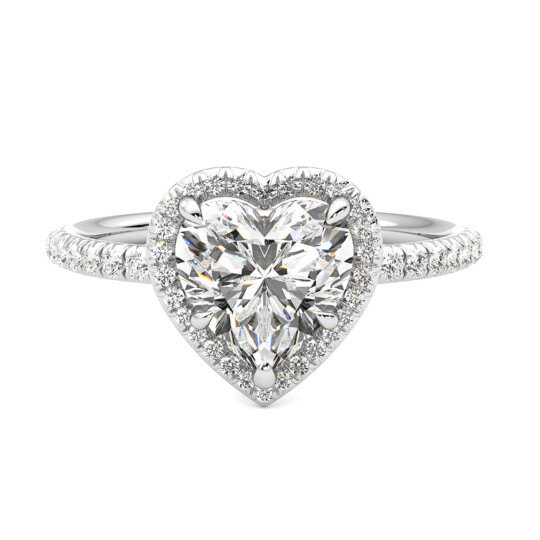 10-karatowe białe złoto, masa od 0,75 do 3,25 ct. Obrączka zaręczynowa z diamentami szlifowanymi w kształcie serca, wykonana metodą laboratoryjną, z certyfikatem IGI VVS1-VS1 3EX