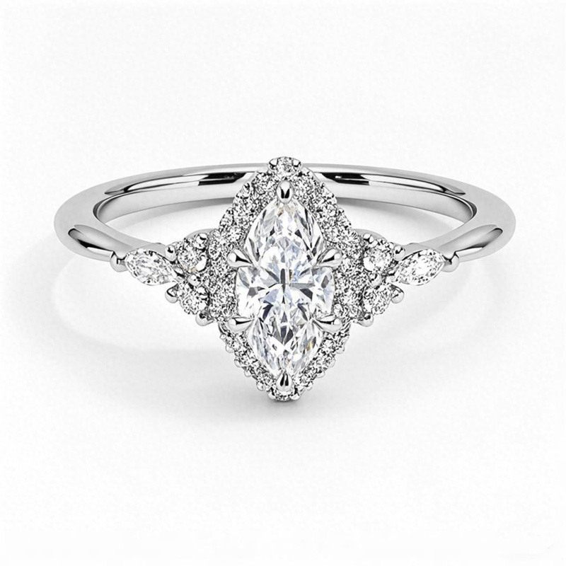 Verlobungsring aus 18-karätigem Weißgold mit Marquise-Schliff, im Labor gezüchteten Diamanten und individuellem Halo-Seitenstein-1