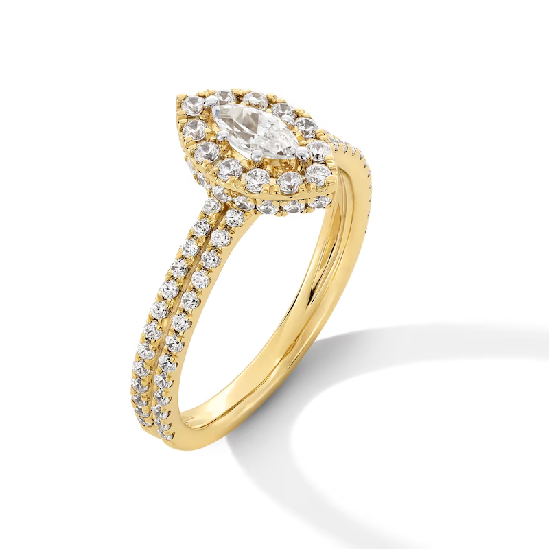 Anel de Noivado Personalizado com Halo e Diamante Sintético em Corte Marquise em Ouro 14K-3