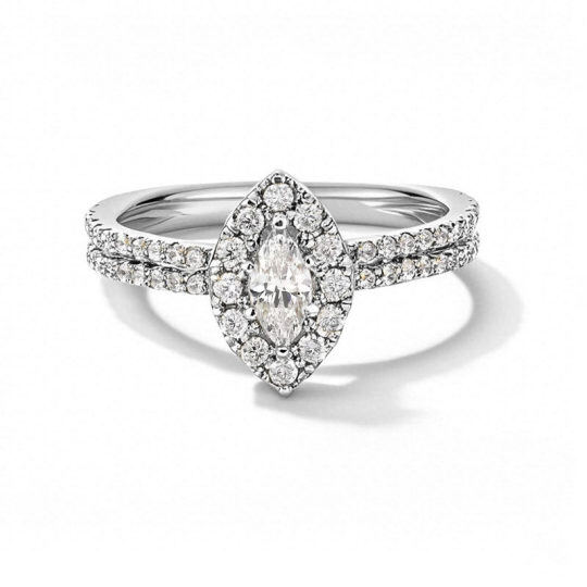 Anillo de compromiso de oro blanco de 10 quilates con diamante de laboratorio talla marquesa de 0,75 a 3,25 quilates (peso total), claridad D, VS1-VVS1, certificado 3EX por IGI.