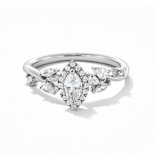 Anillo de compromiso de oro blanco de 10 quilates con diamante de laboratorio talla marquesa de 0,75 a 3,25 quilates (peso total), claridad D, VVS1-VS1, certificado 3EX por IGI.
