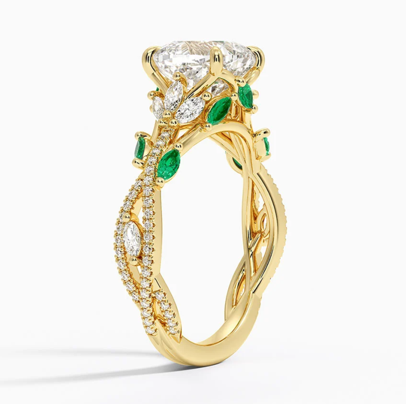 Anillo de compromiso de oro de 10 quilates con diamantes talla cojín y esmeraldas de 0,98 a 3,48 quilates en total.-3