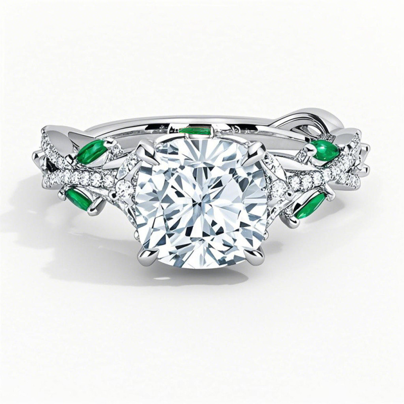 Bague de fiançailles en or blanc 10 carats, sertie de diamants taille coussin et d'émeraudes (poids total : 0,98 à 3,48 carats).-2