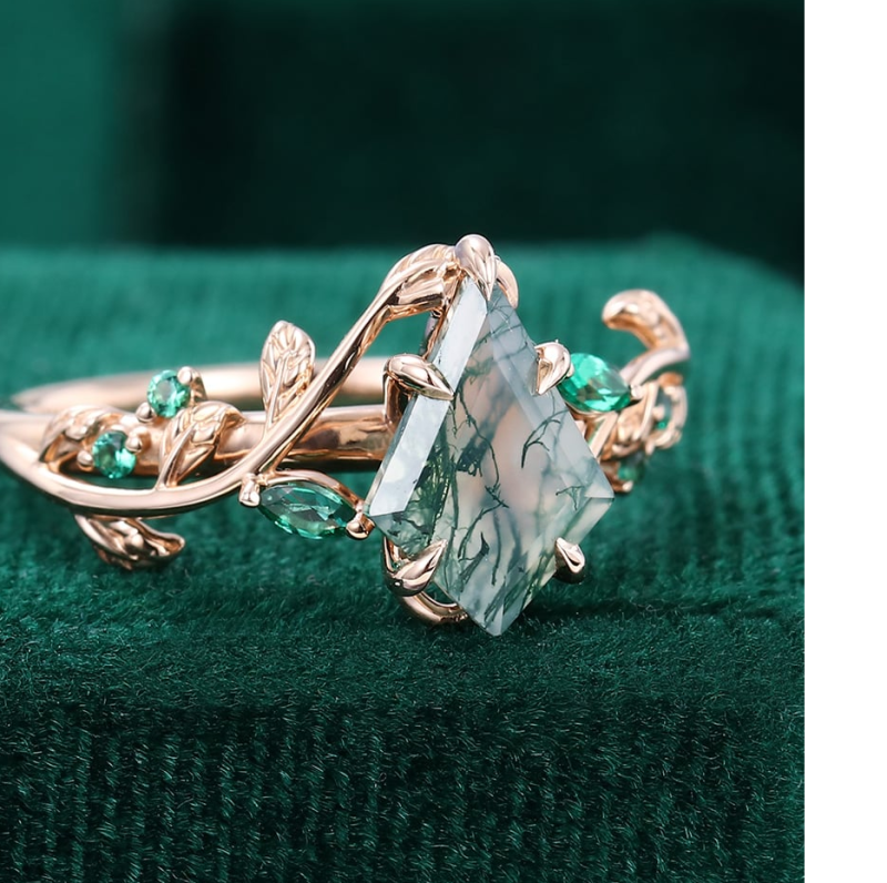 Anillo personalizado Promise Emerald Foliage de oro rosa de 10 quilates con ágata musgosa talla cometa de 1,2 quilates en total.-3