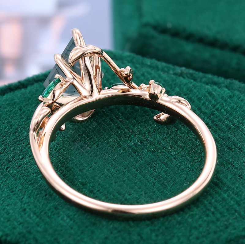Anillo personalizado Promise Emerald Foliage de oro rosa de 10 quilates con ágata musgosa talla cometa de 1,2 quilates en total.-4