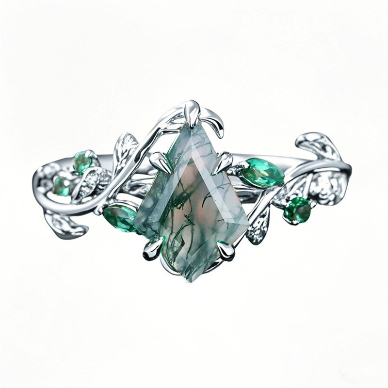 Anillo personalizado Promise Emerald Folige de oro blanco de 14 quilates con ágata musgosa talla cometa de 1,2 quilates en total.-1