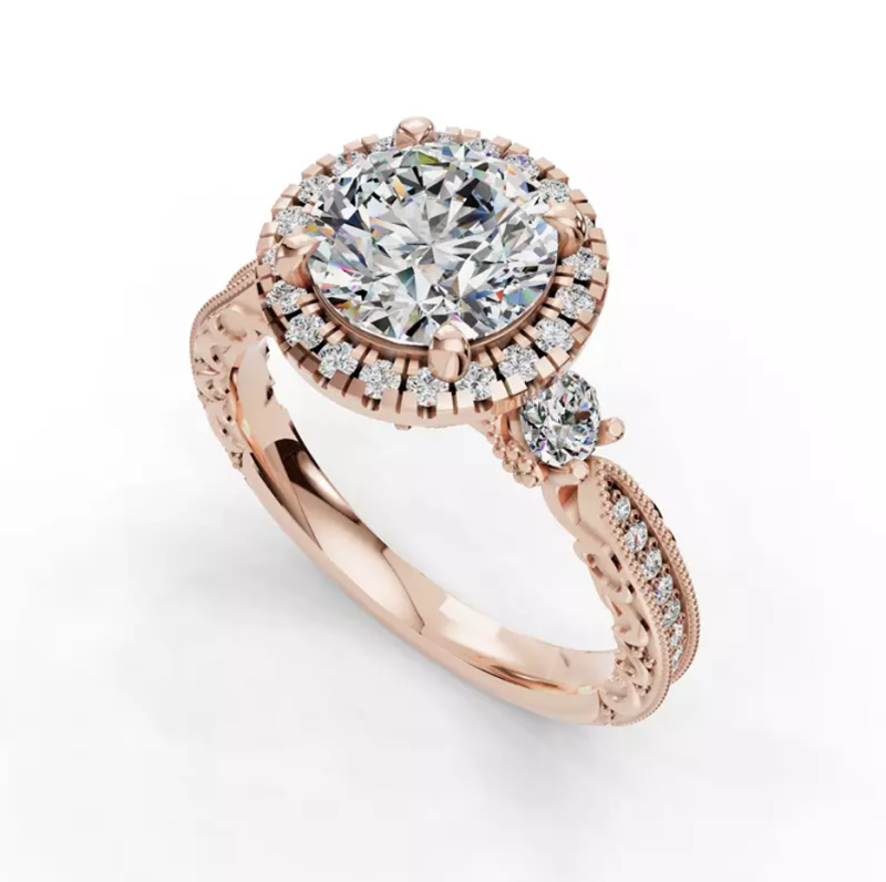 Verlobungsring aus 14-karätigem Roségold mit rundem Moissanit (1,51 ct.T.W.) und Winter-Halo-Fassung-2