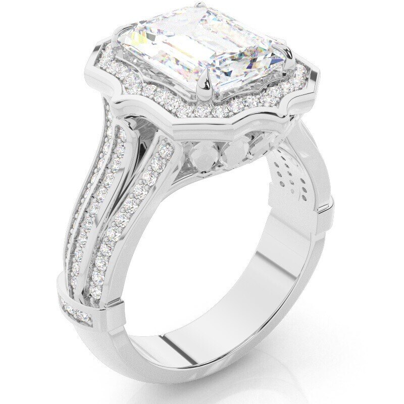 Anel de Noivado Personalizado com Halo em Ouro 14K e Diamante de 1 Quilate com Lapidação Esmeralda Cultivado em Laboratório-3