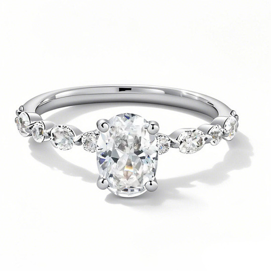 Bague de fiançailles en or blanc 10 carats, sertie de diamants ovales de synthèse (poids total : 1,5 à 4 carats), à anneau alterné, certifiée IGI, couleur D-VVS1.