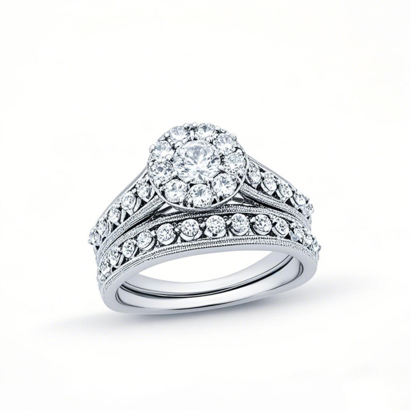 10K White Gold 1.5 to 4 CT.T.W. Round Lab Created Diamond Multi-Diamond Vintage Custom Bridal Set D VVS1 IGI Certified-1
