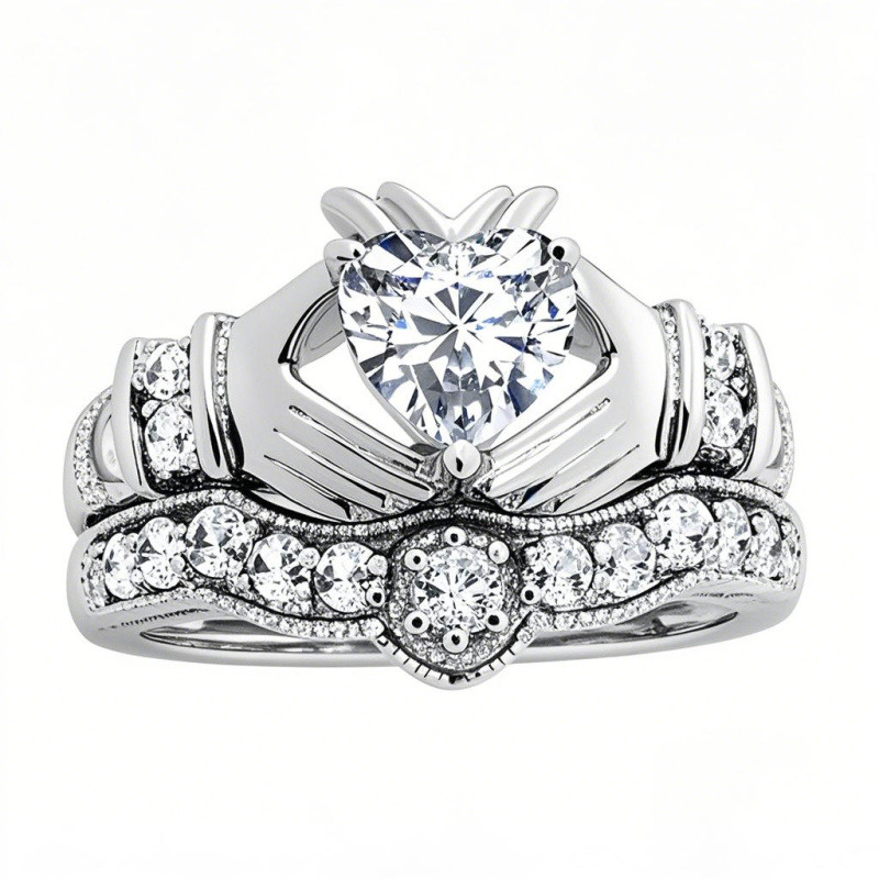 10K White Gold 1.5 to 5 CT Heart Moissanite Claddagh Bridal Set-4