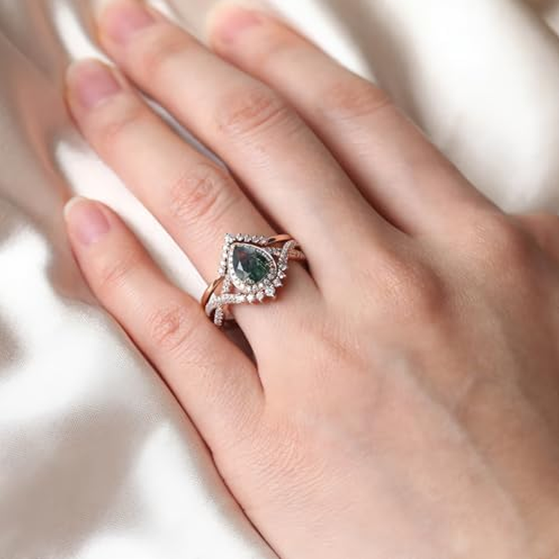 10K Rose Gold Pear Cut Moss Agate & Moissanite Agate Bridal Set-2