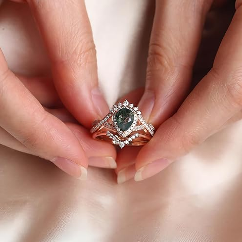 10K Rose Gold Pear Cut Moss Agate & Moissanite Agate Bridal Set-3
