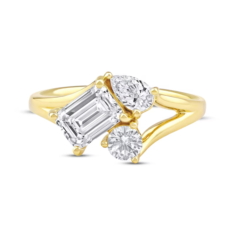 10K Gold 1.5 to 9 CT.T.W Emerald & Pear Cut & Round Cut Cut Lab Created Diamond Three Stone Engagement Ring-2