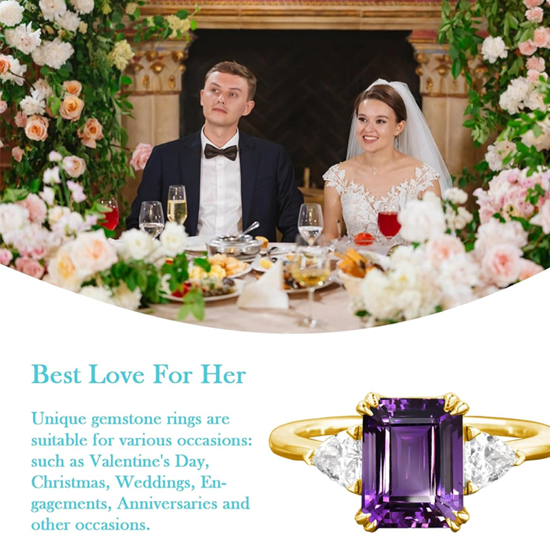 Verlobungsring aus 14-karätigem Gold mit 1 Karat smaragdgeschliffenem Amethyst und drei Steinen-4