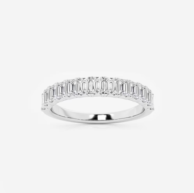 Anillo de boda personalizado en oro blanco de 10 quilates con diamante de laboratorio talla esmeralda de 1 quilate (peso total), calidad D, pureza VVS1-VS1, 3EX.-3
