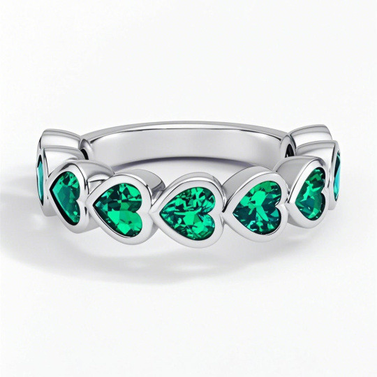 10K White Gold 1 CT.T.W. Lab Emerald Custom & Heart Wedding Band