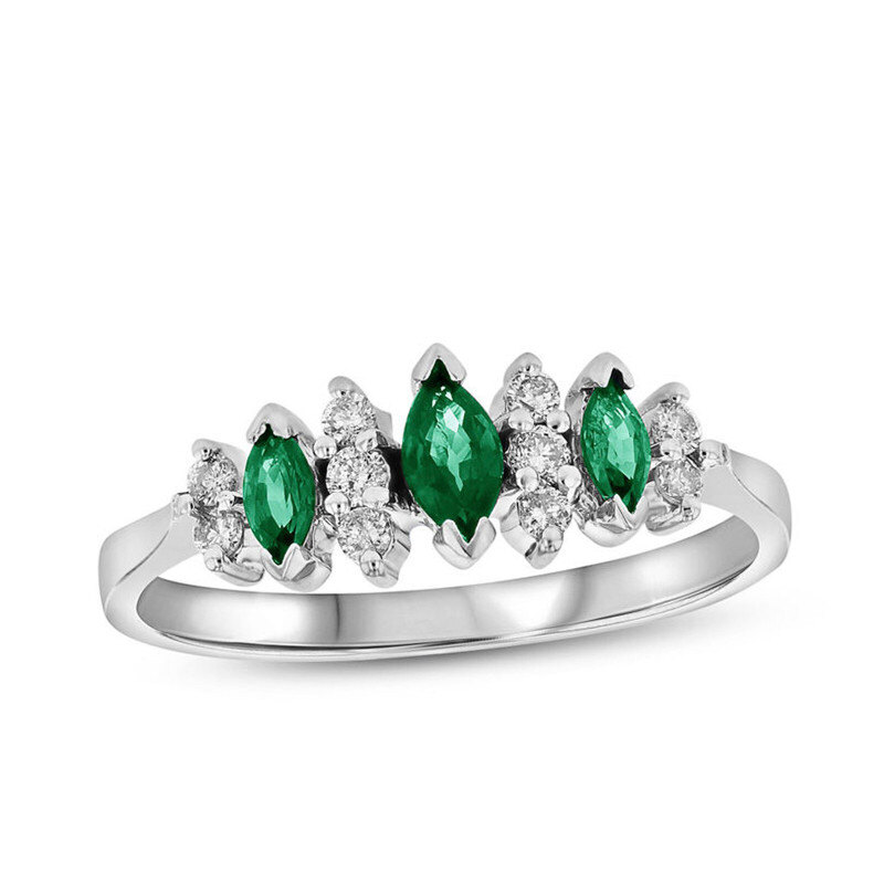 14K-Weißgold 1 CTW Marquise-Schliff labergezüchteter Smaragd & 0,15 CTW natürlicher Diamant Dreistein-Illusion-Jubiläumsband-1