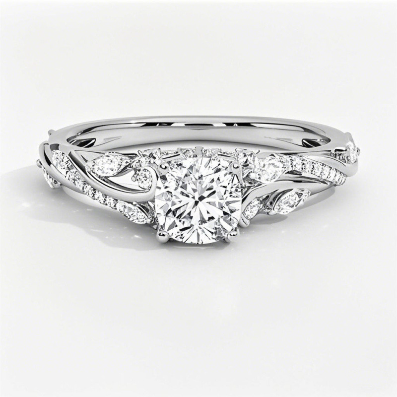 18K White Gold 1 to 3 CT Cushion Cut Lab-Grown Diamond Custom Natural Inspired Engagement Ring-1