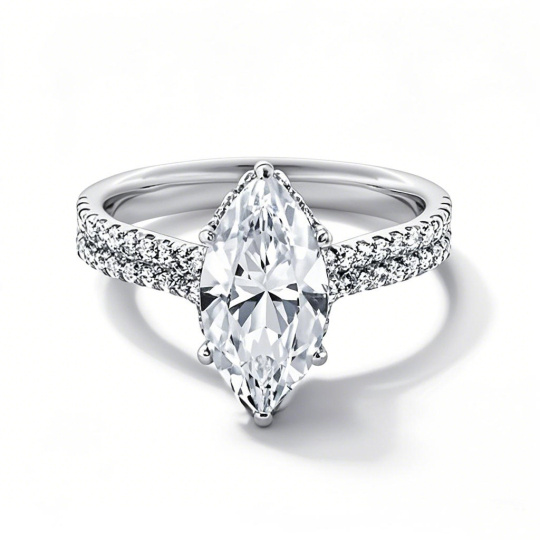 Anillo de compromiso de oro blanco de 10 quilates con diamantes marquesa de laboratorio de 1 a 3,5 quilates en total, doble hilera de diamantes, color D, pureza VVS1-VS1, certificado por IGI.
