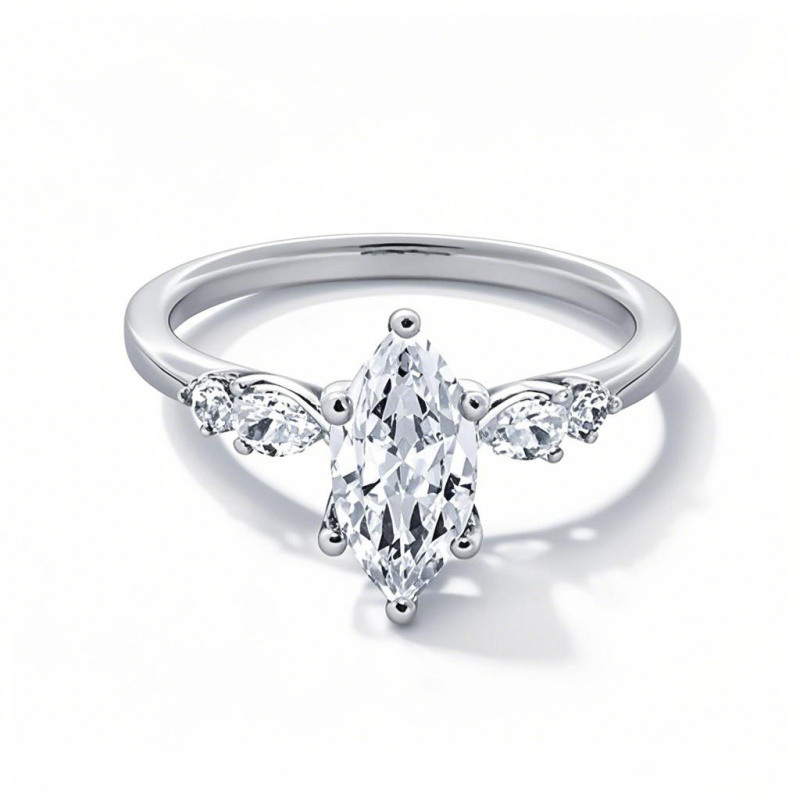 Anel de Noivado Personalizado em Ouro Branco 18K com Diamante Sintético em Corte Marquise-1