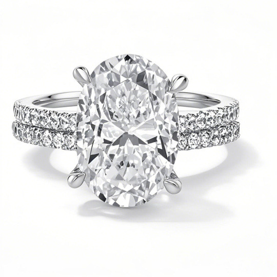 Bague de fiançailles sur mesure en or blanc 10 carats, sertie de diamants ovales de synthèse (poids total : 1 à 3,5 carats), certifiée IGI (D-VVS1 3EX).