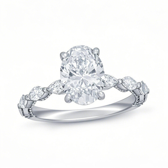 Bague de fiançailles en or blanc 10 carats sertie de diamants ovales de synthèse (1 à 3,5 carats au total), certifiés D-VVS1 par l'IGI.