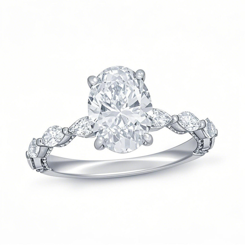 Verlobungsring aus 10-karätigem Weißgold mit ovalem, im Labor hergestelltem Diamanten (1 bis 3,5 ct.T.W., D-VVS1, IGI-zertifiziert).-14